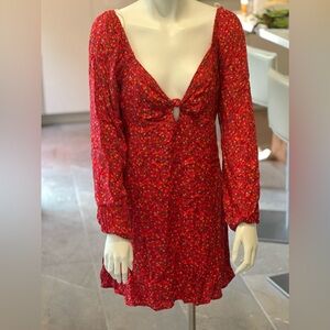 Red floral long sleeve dress with keyhole